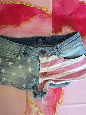 Rue21 Denim Shorts with Red & White Stripes and Blue Star Print